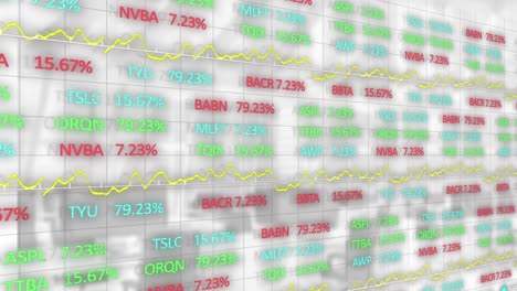Animation-of-colorful-trading-board-data-and-line-graphs-moving-over-grid-pattern