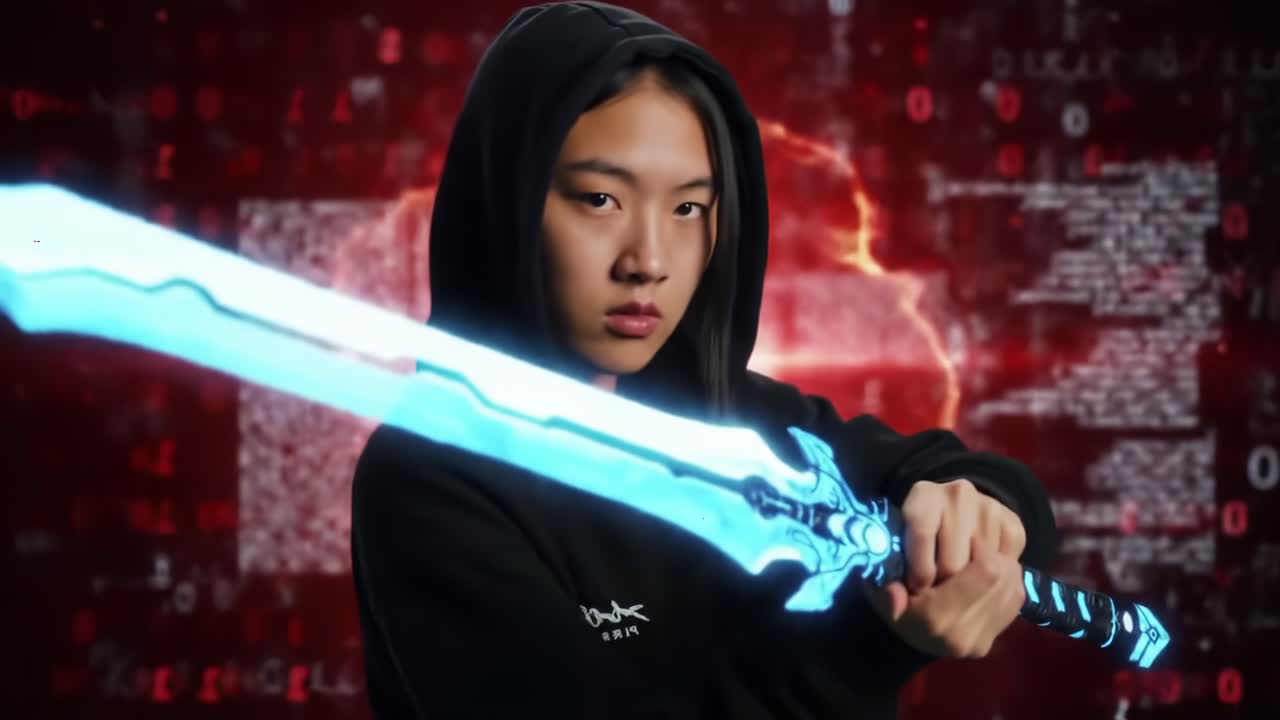 A Young Warrior Ready for Battle: A Determined Character Wielding a Glowing Sword Against a Futuristic Digital Background
