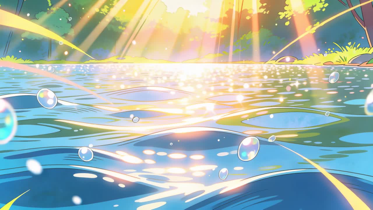 きらめく水面が池の岸辺で広がる波紋を映し出し、日光が泡となって屈折する。