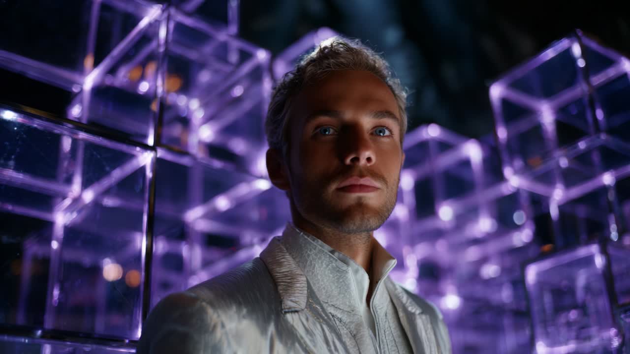 Ethereal Portrait of a Man in a White Suit Surrounded by Glowing Purple Cubes, Capturing a Moment of Introspection and Mystique, Evoking a Dreamlike Quality in the Enigmatic Setting
