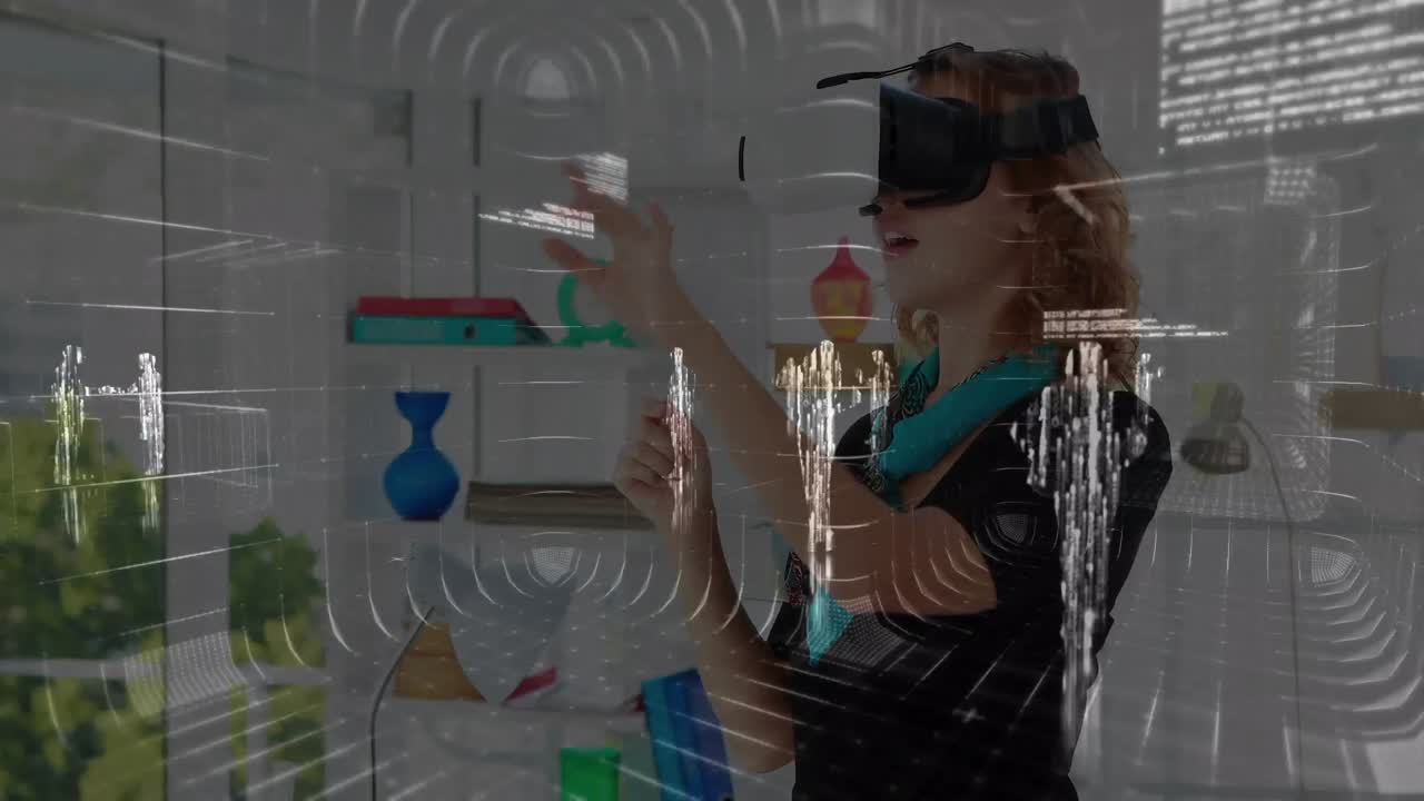 animación del procesamiento de datos financieros sobre una mujer de negocios usando auriculares vr