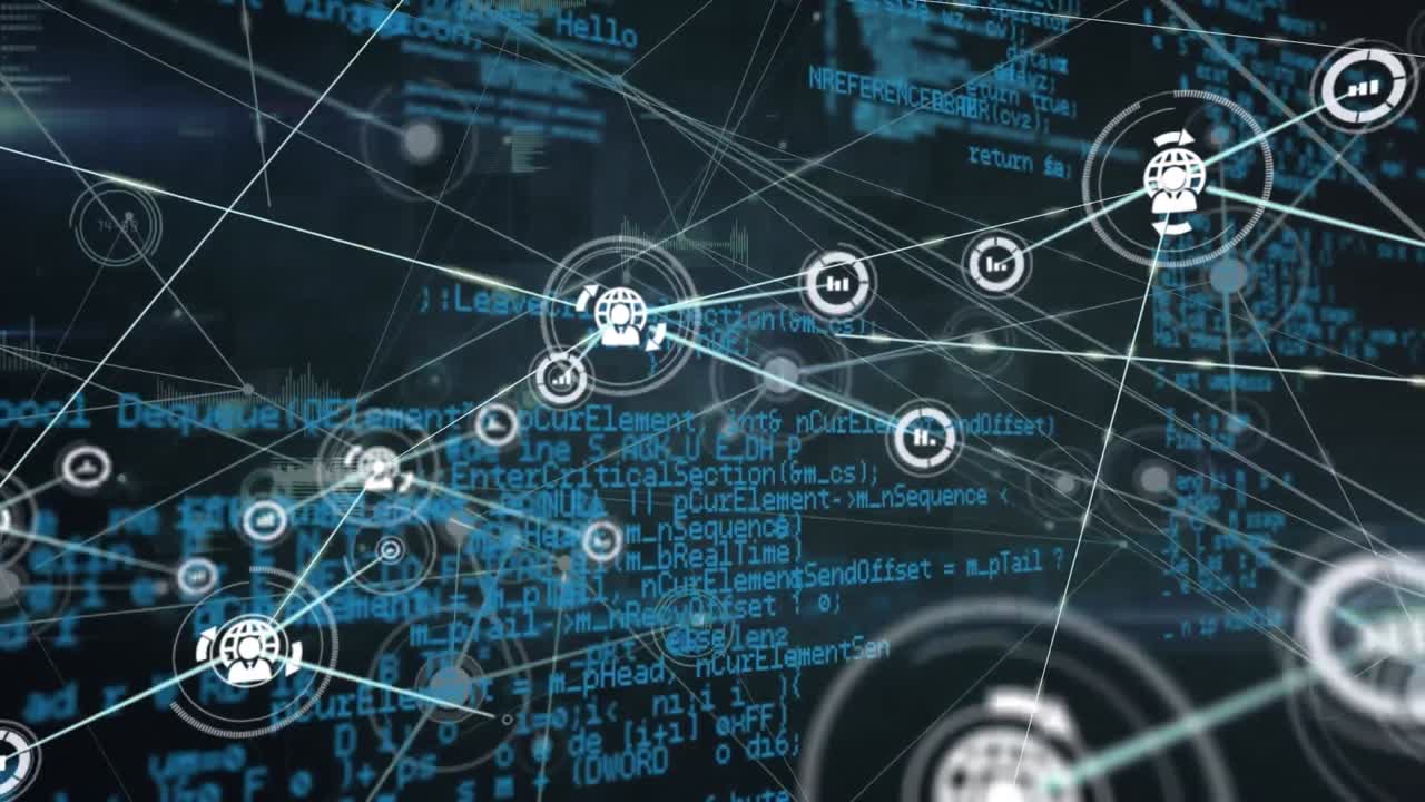 animación de la red de iconos digitales y procesamiento de datos contra un fondo azul