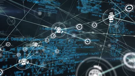 Animation of network of digital icons and data processing against blue background