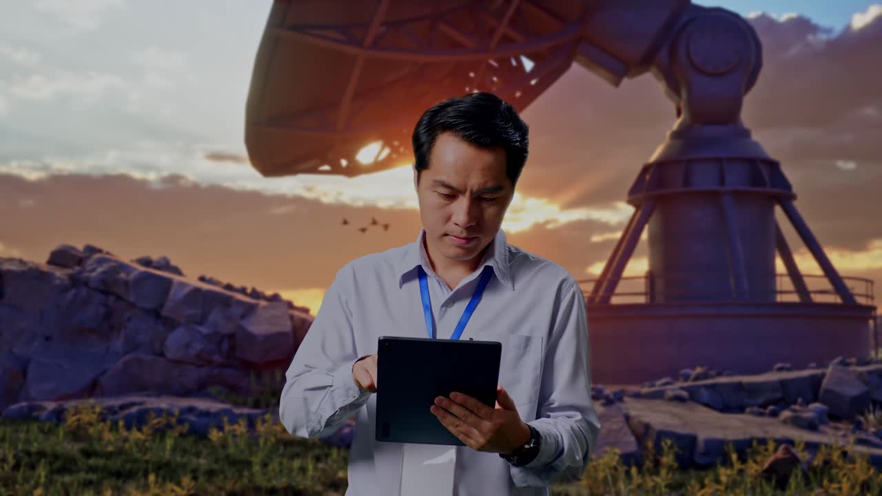 Asian Male Professional Worker Standing With His Tablet With Large Satellite Dish, Work Continuously With His Tablet