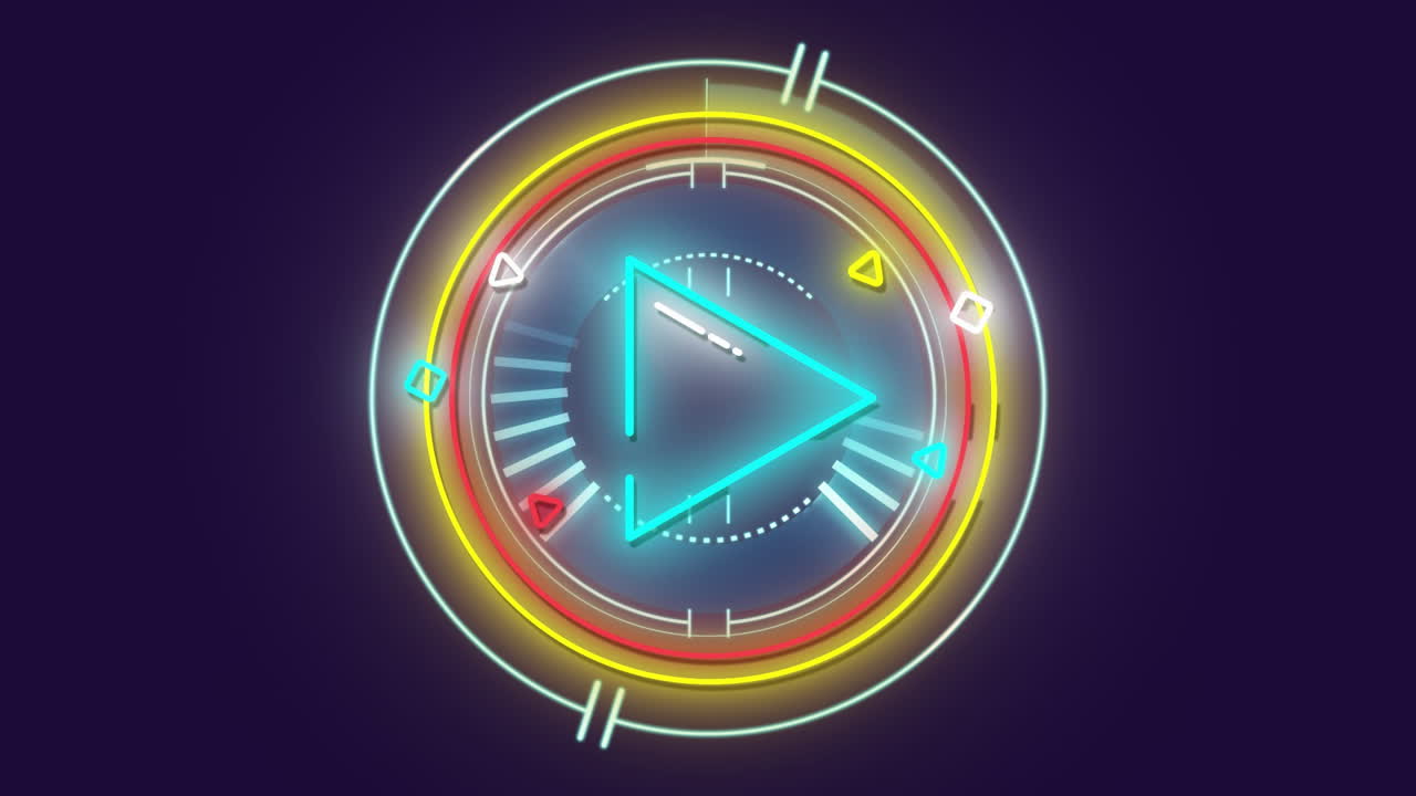 Animation with neon play button surrounded by glowing lines and colorful shapes