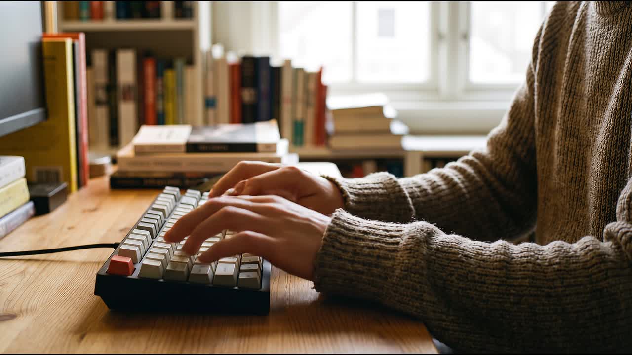 Mani che digitano su tastiera meccanica su una scrivania in legno con libri, illuminate dalla luce della finestra in un accogliente ufficio domestico.