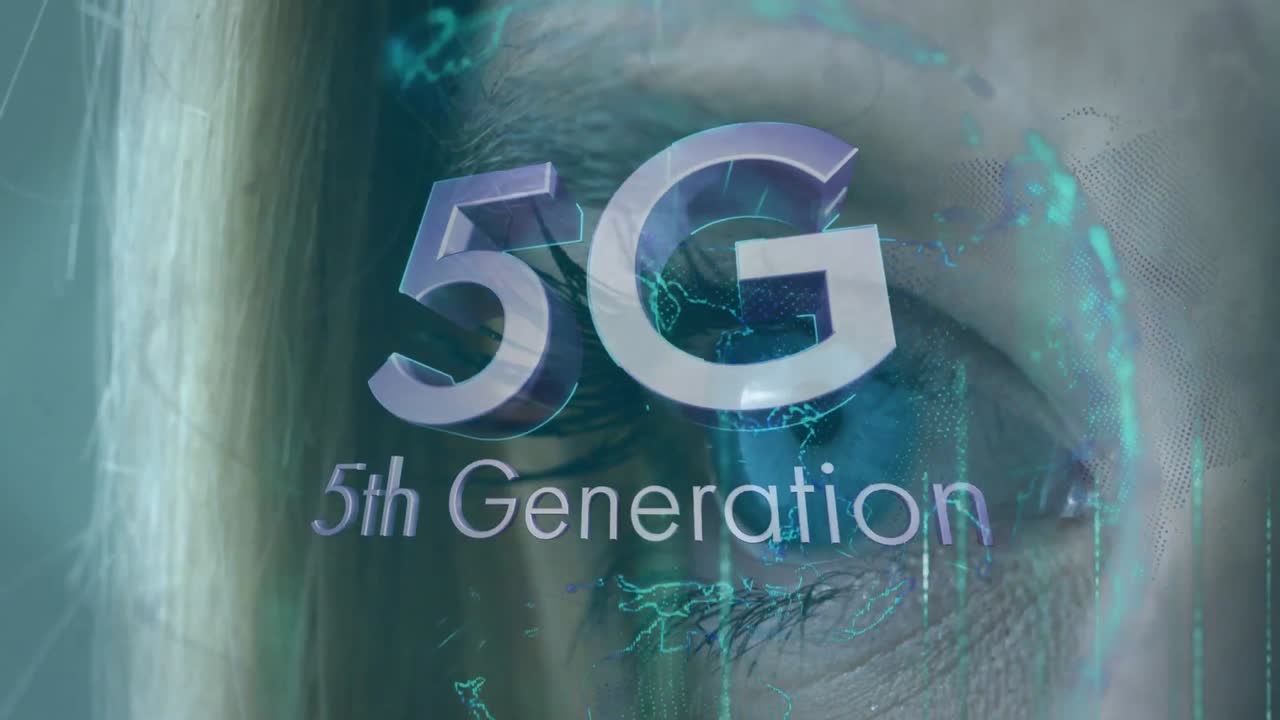 Animation of 5g 5th generation with globe over woman's eye in background
