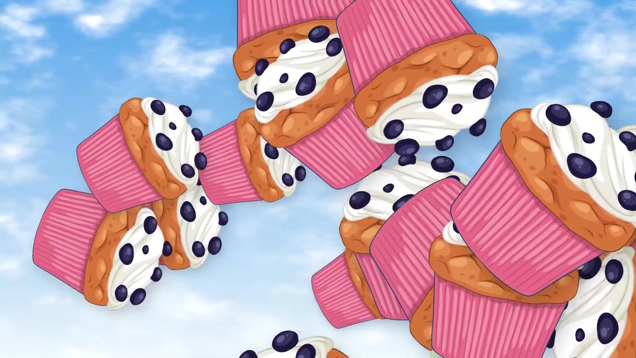 Muffin ai mirtilli in stile cartone animato con pirottini rosa cadono e rotolano su uno sfondo di cielo azzurro e soleggiato.