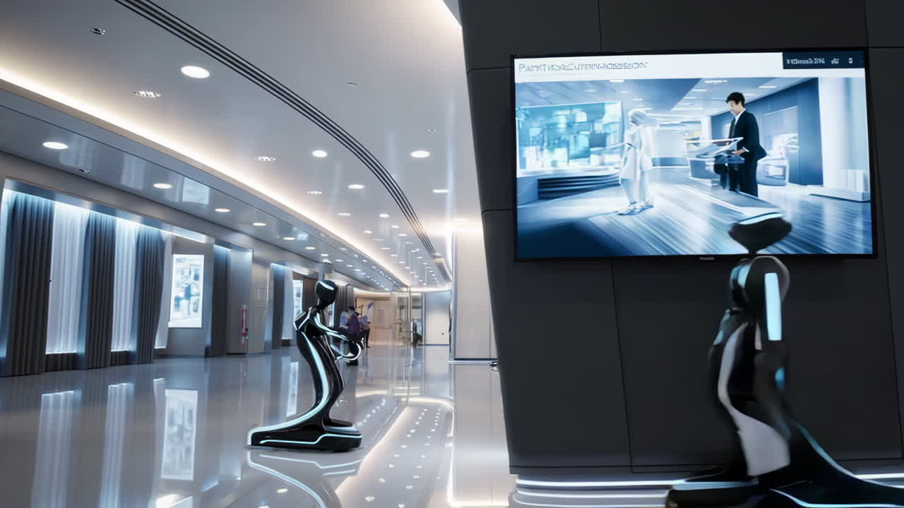 Futuristic Office Lobby with Robots