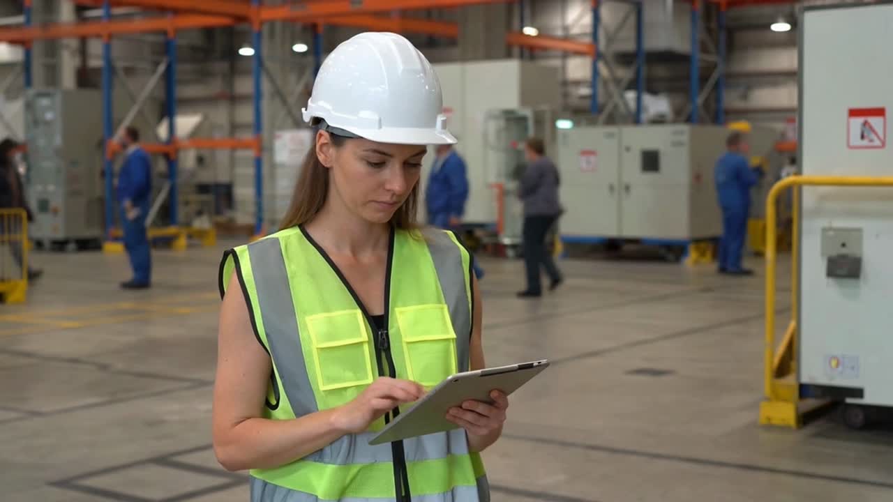 Female Engineer Using a Tablet for Quality Control in a Warehouse