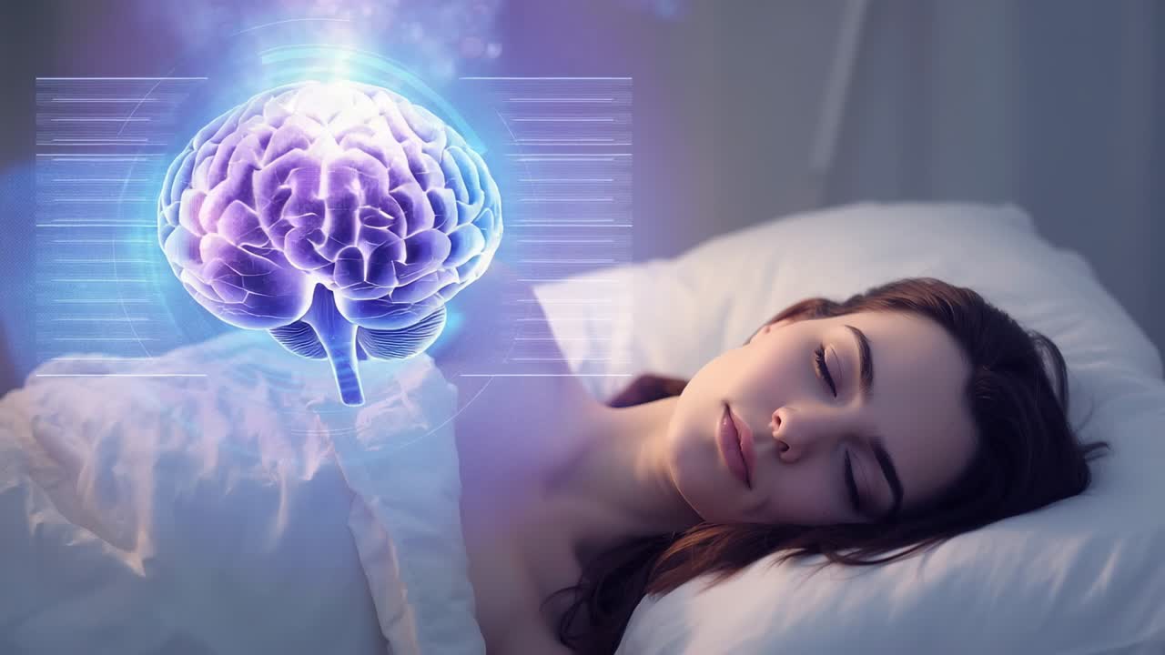 After silence projecting purple brain hologram pulsing above woman sleeping in bedroom, copy space