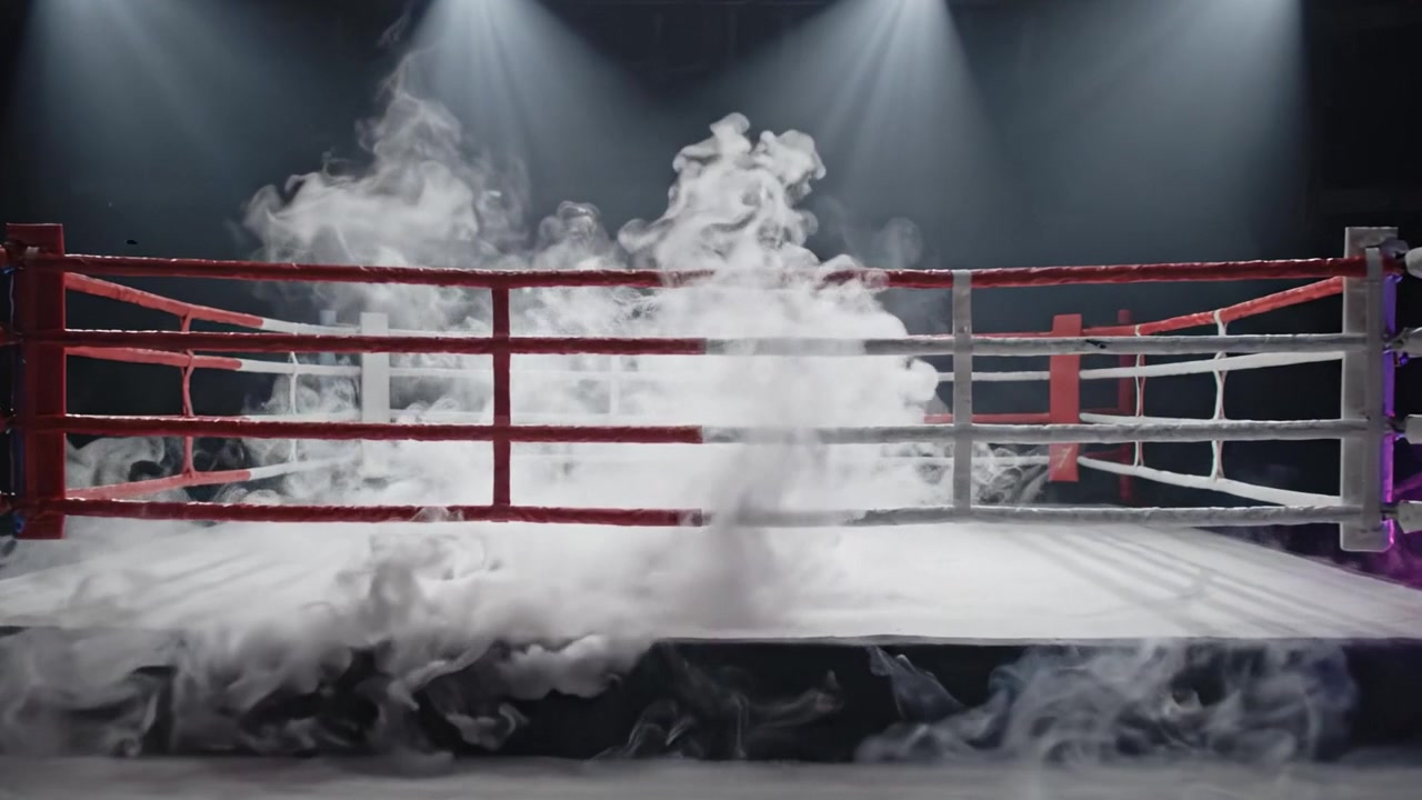 Un'Atmosfera Intensa in un Ring di Pugilato Avvolto dalla Nebbia, Pronto per Incontri Emozionanti, Catturando l'Essenza degli Sport da Combattimento e l'Attesa Prima dell'Inizio della Lotta.