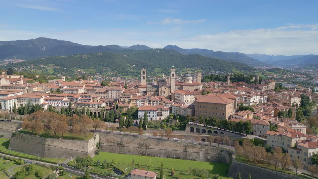 Aerial shot of the hill where Bergamo Alta lies in northern Italy near Orio al Serio Airport during a beautiful sunny day