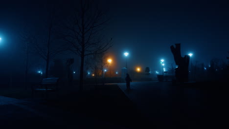 A silhouette of a little kid walking by the dark park. White and yellow light street lamps are at backdrop.