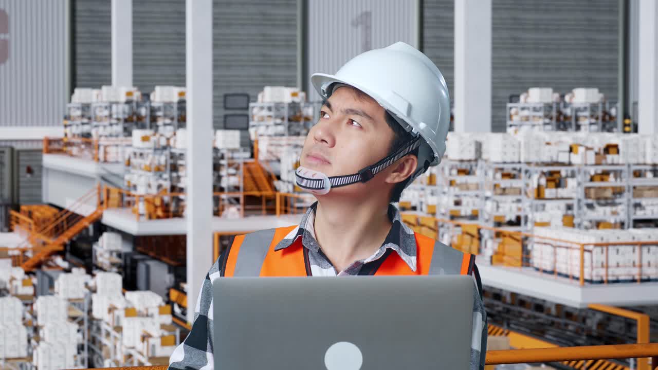 안전 헬을 입은 아시아 남성 엔지니어가 노트북을 보고 배달 물품으로 가득 찬 선반으로 창고에 서있는 동안 주변을 둘러보고 있습니다.