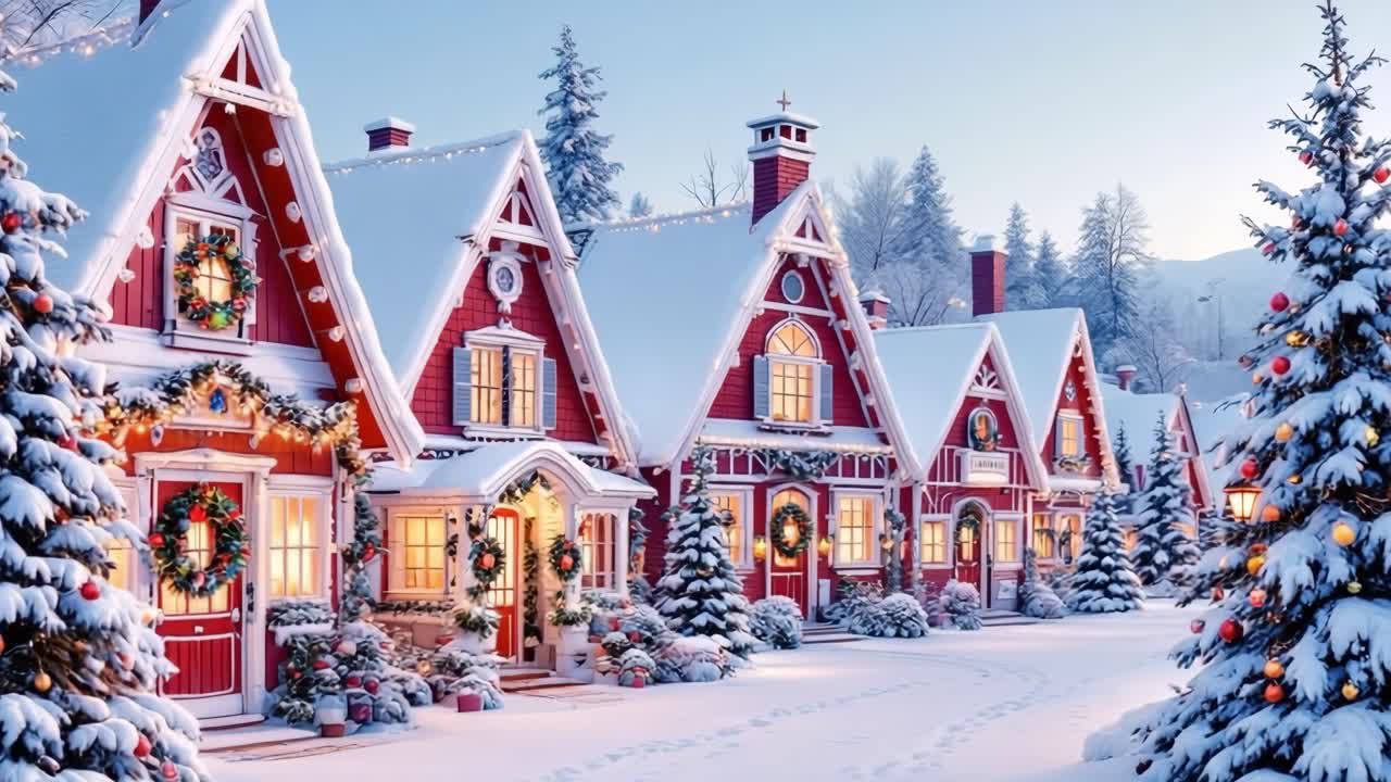 Wooden houses glowing with festive lights, adorned by colorful ornaments against snowy winter landscape in rural setting