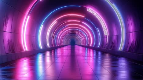 neon tunnel glowing at night. a vibrant tunnel shines with colorful neon lights, creating a mesmerizing atmosphere at night.