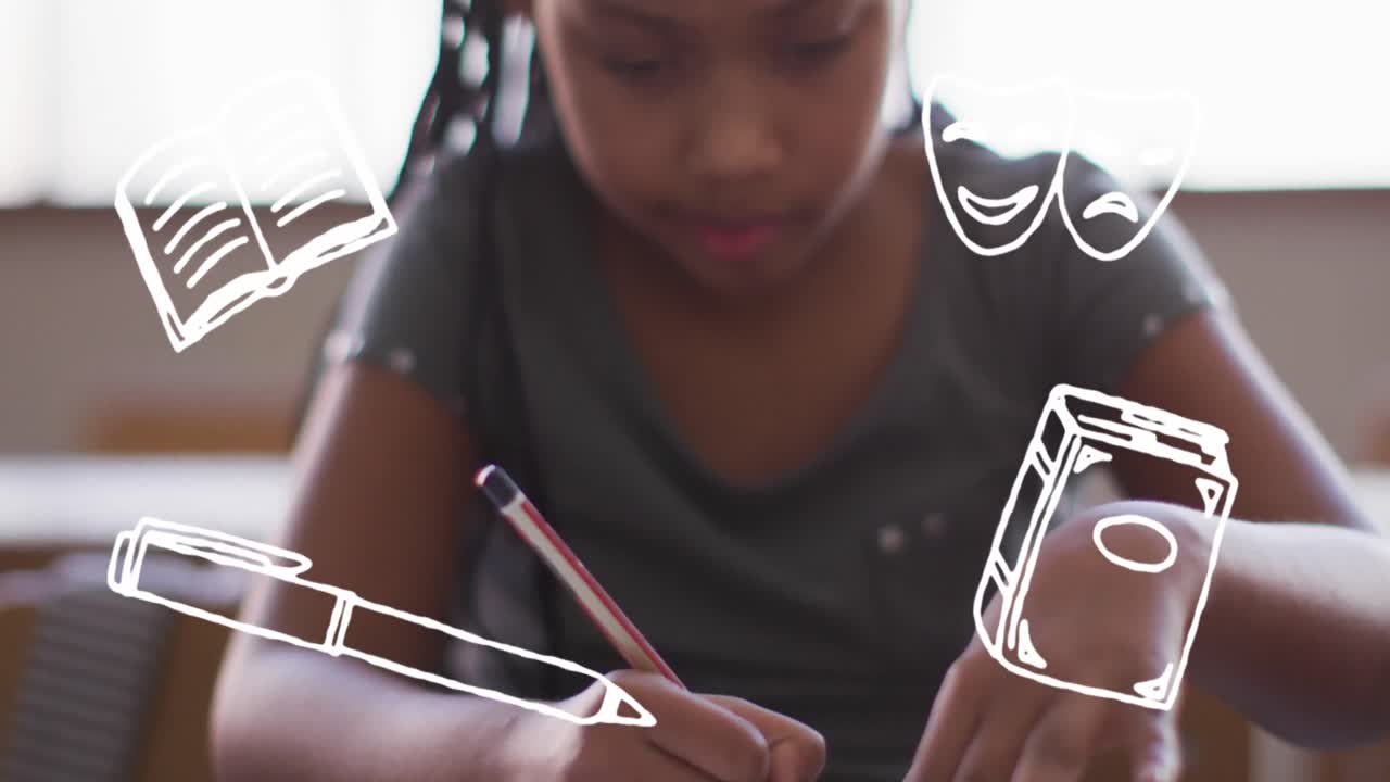 Animation of school items icons over african american schoolgirl drawing