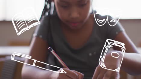 Animation-Von-Symbolen-Für-Schulgegenstände-über-Der-Zeichnung-Eines-Afroamerikanischen-Schulmädchens