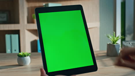 it specialist touching chroma key tablet working office closeup. unknown woman