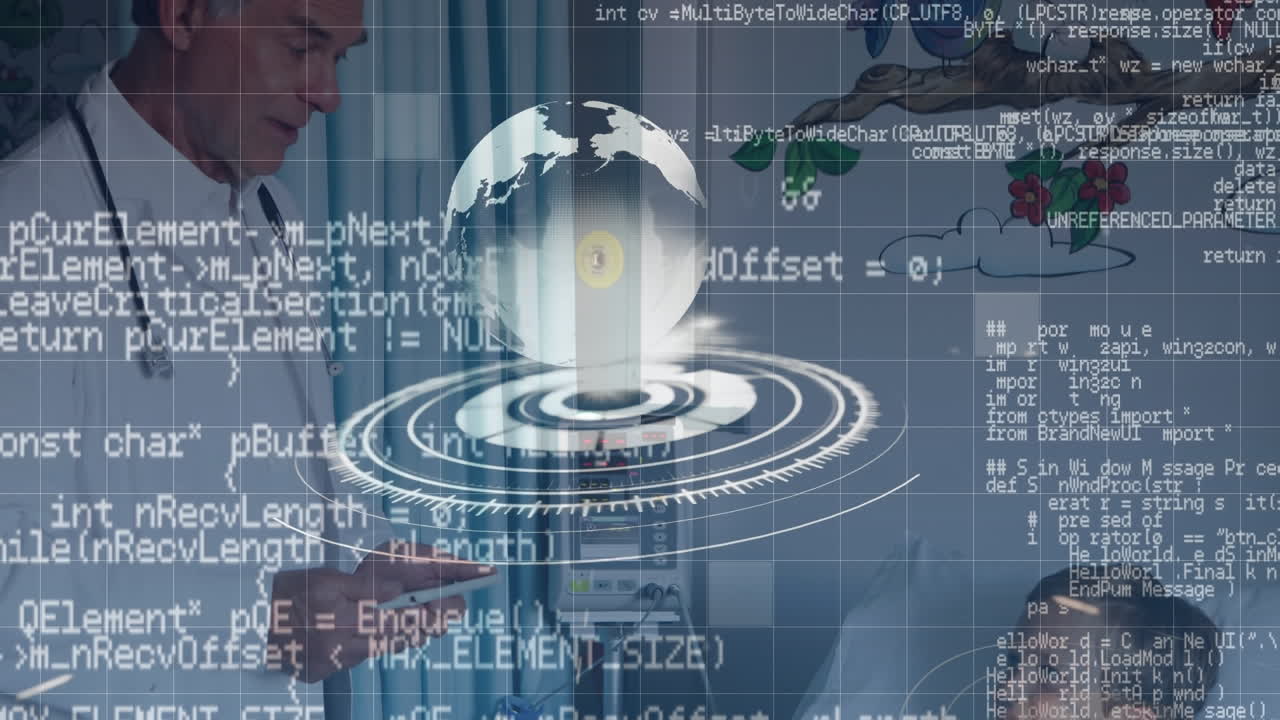 백인 고위 남성 의사와 소년에게 디지털 화면에 데이터와 지구의 애니메이션