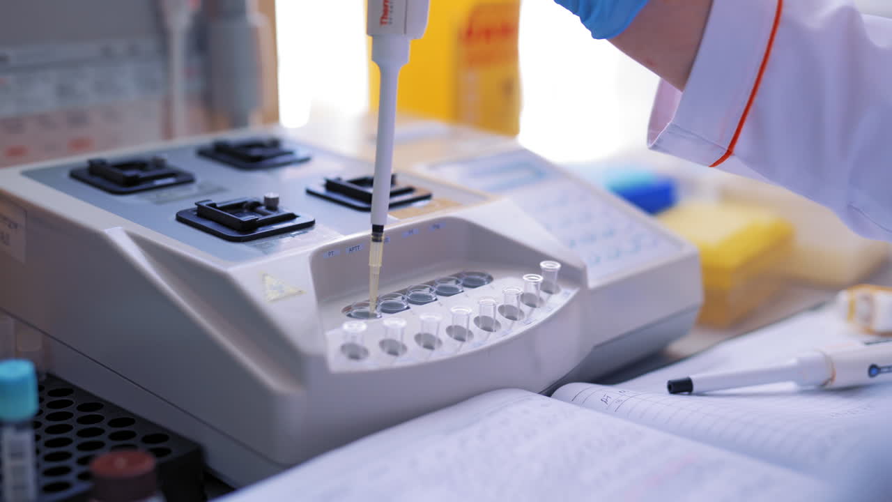 Technicians operating machine in laboratory. Modern electronic blood equipment in medical clinic