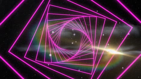 Digital-animation-of-pink-square-shapes-spinning-in-seamless-motion-against-shining-stars-in-space