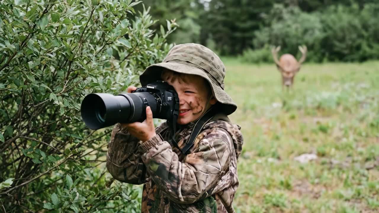 Ragazzino in tenuta mimetica che fotografa dei cervi in natura