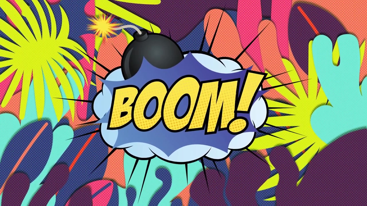 Animazione di testo "boom" sopra una nuvoletta di dialogo retrò su uno sfondo di forme astratte colorate.