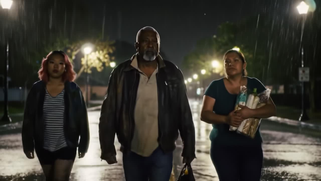A group of determined individuals walks through a rainy urban street at night, showcasing resilience and unity in the face of adversity against a backdrop of streetlights and reflections.