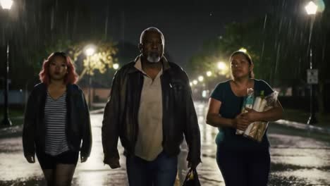 a group of determined individuals walks through a rainy urban street at night, showcasing resilience and unity in the face of adversity against a backdrop of streetlights and reflections.