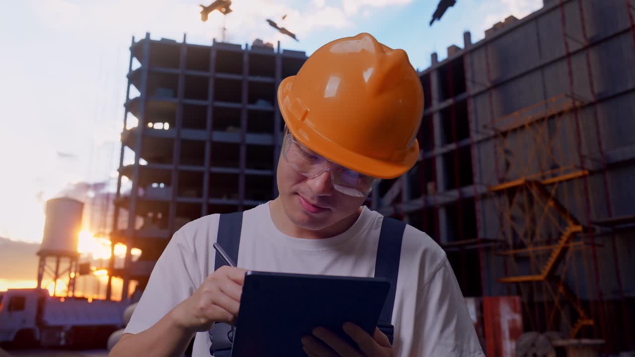 un trabajador asiático tomando notas en una tableta en el sitio de construcción