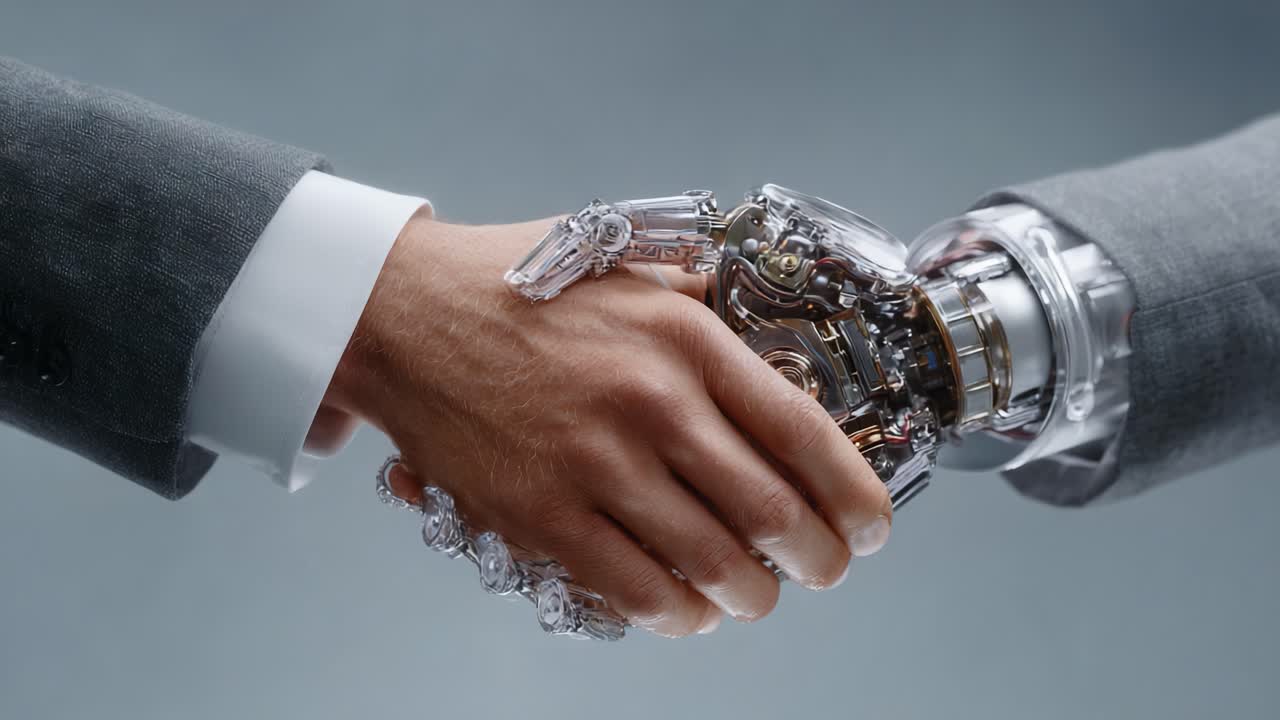 Embracing the Future: A Symbolic Handshake Between Human and Robotic Entities, Representing Technology's Integration into Society and Collaborative Potential