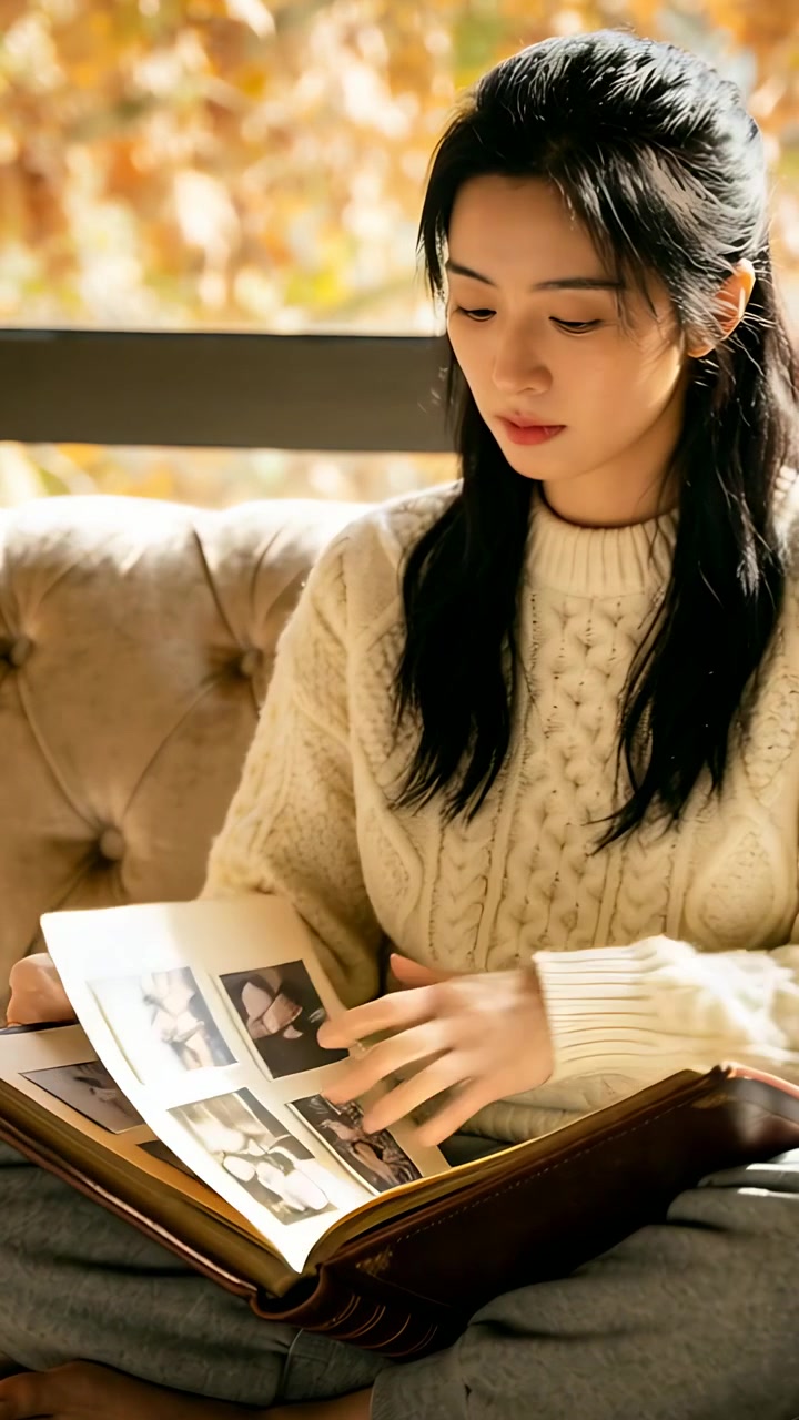 Video verticale: Donna con maglione color crema che guarda fuori dalla finestra autunnale, sfoglia le pagine di un album sul divano, pensierosa