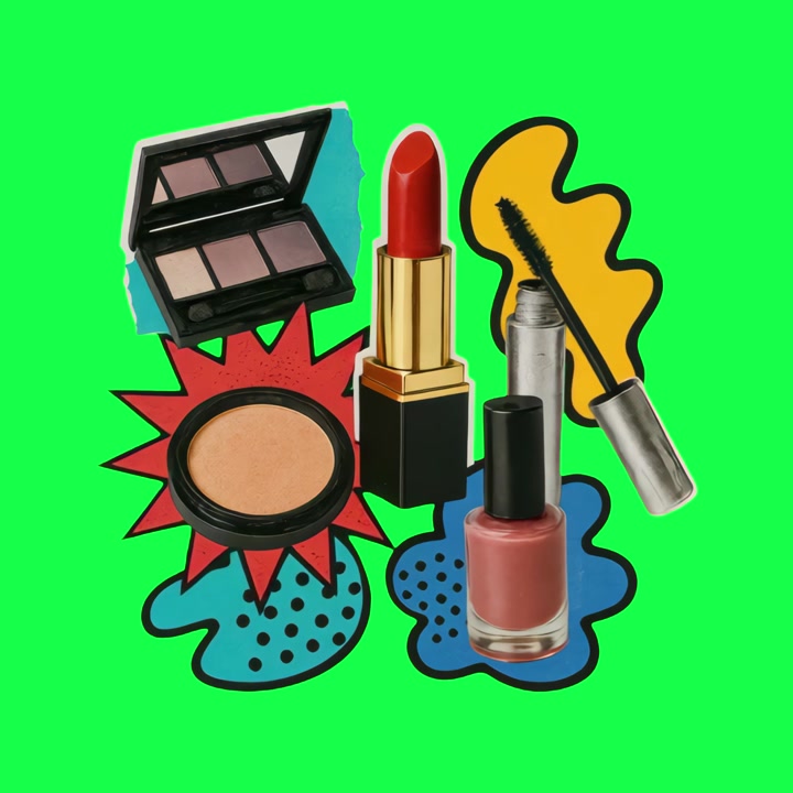 Vibrant Pop Art Style Makeup Products on Green Screen