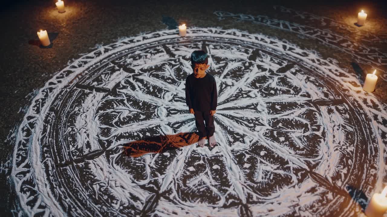 Barefoot child is standing inside an elaborate magic circle drawn with white powder, surrounded by lit candles, creating a mystical and spiritual atmosphere
