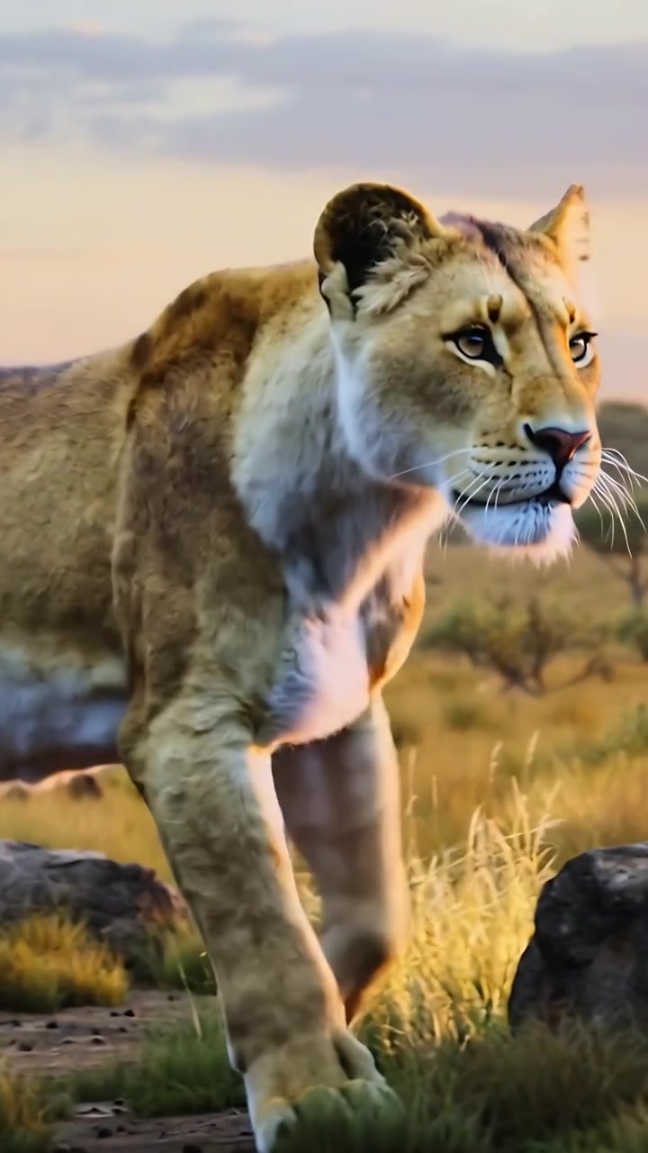 Vertical video: Spotting movement, moving lioness stepping onto rock in grassland at golden hour