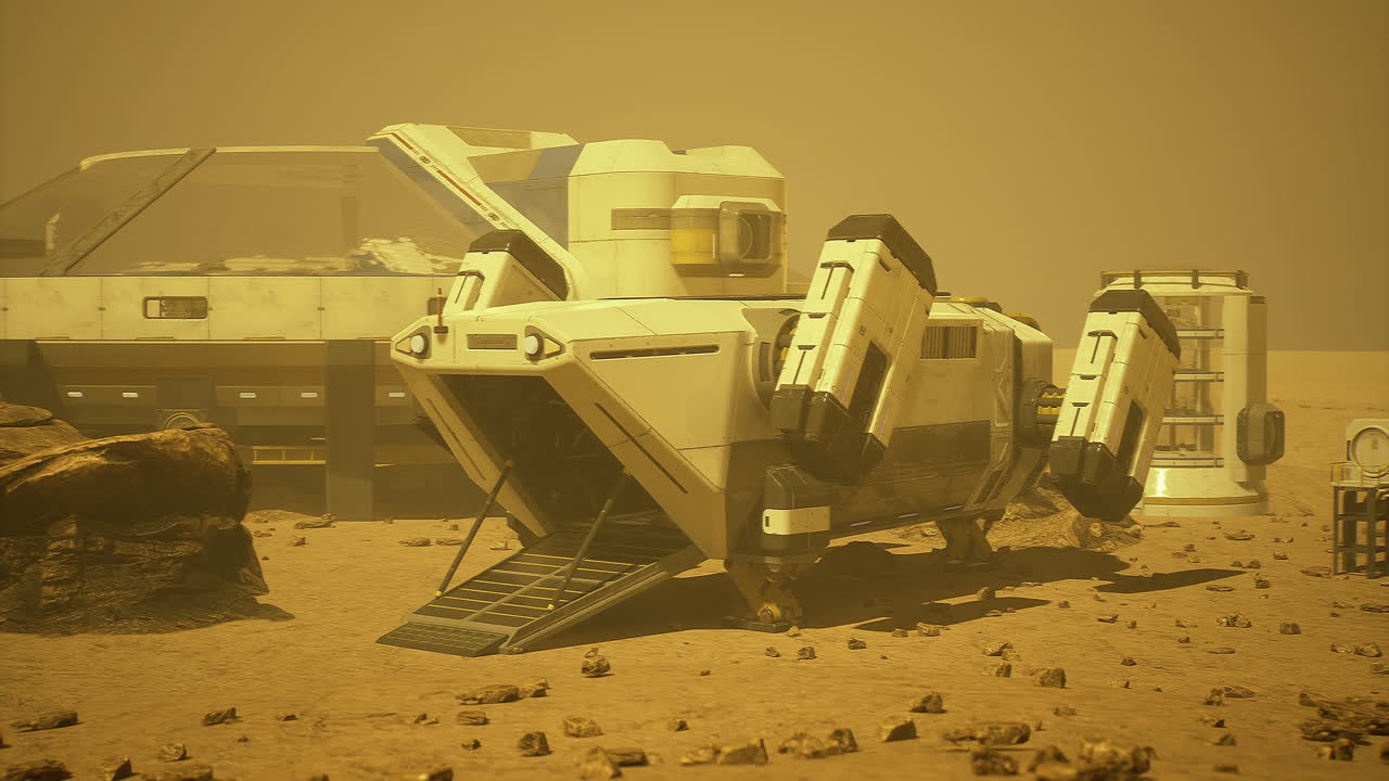 Exploration rover on mars surface during dust storm near base station