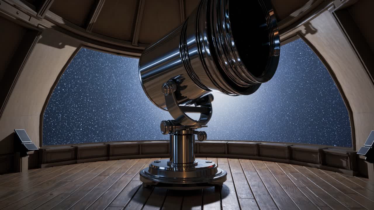 A low-angle shot of a telescope in a wooden observatory, capturing a starry night sky