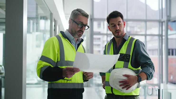 Operai edili che esaminano progetti in cantiere