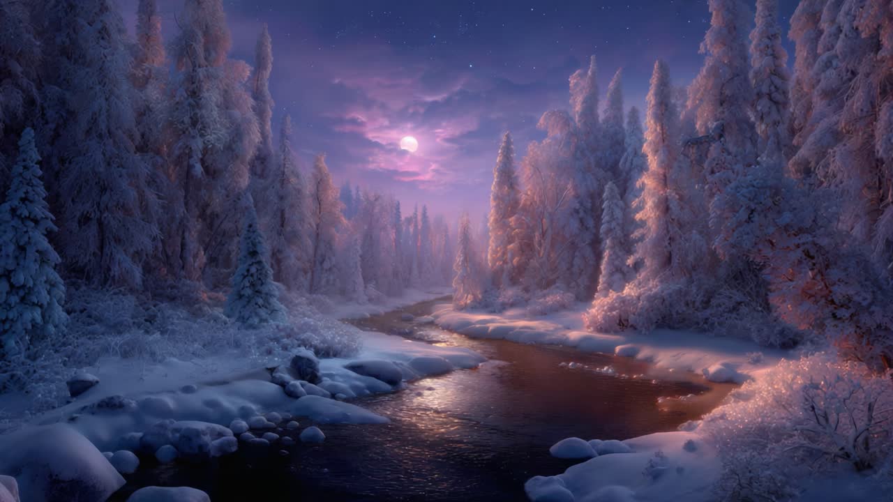 A Serene Winter Night by the River Illuminated by the Moonlight, Enveloped in Snow-Covered Trees and a Calm Landscape, Capturing Nature's Tranquility and Beauty