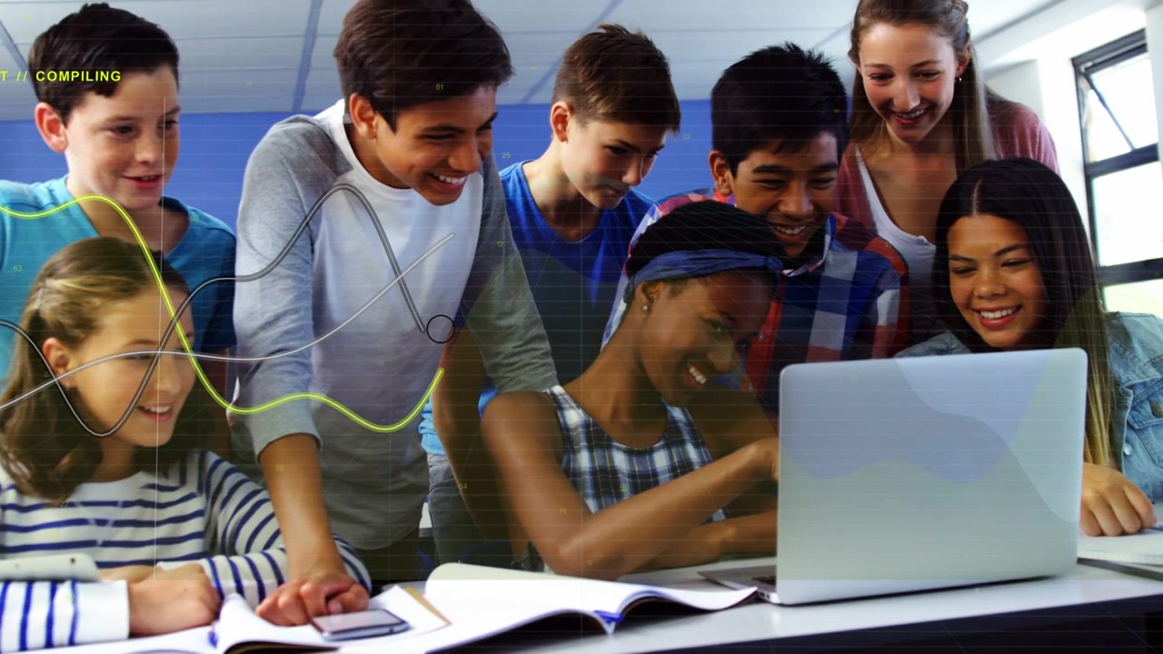 Center student tapping laptop peers leaning pointing learning, animated lines sweeping across