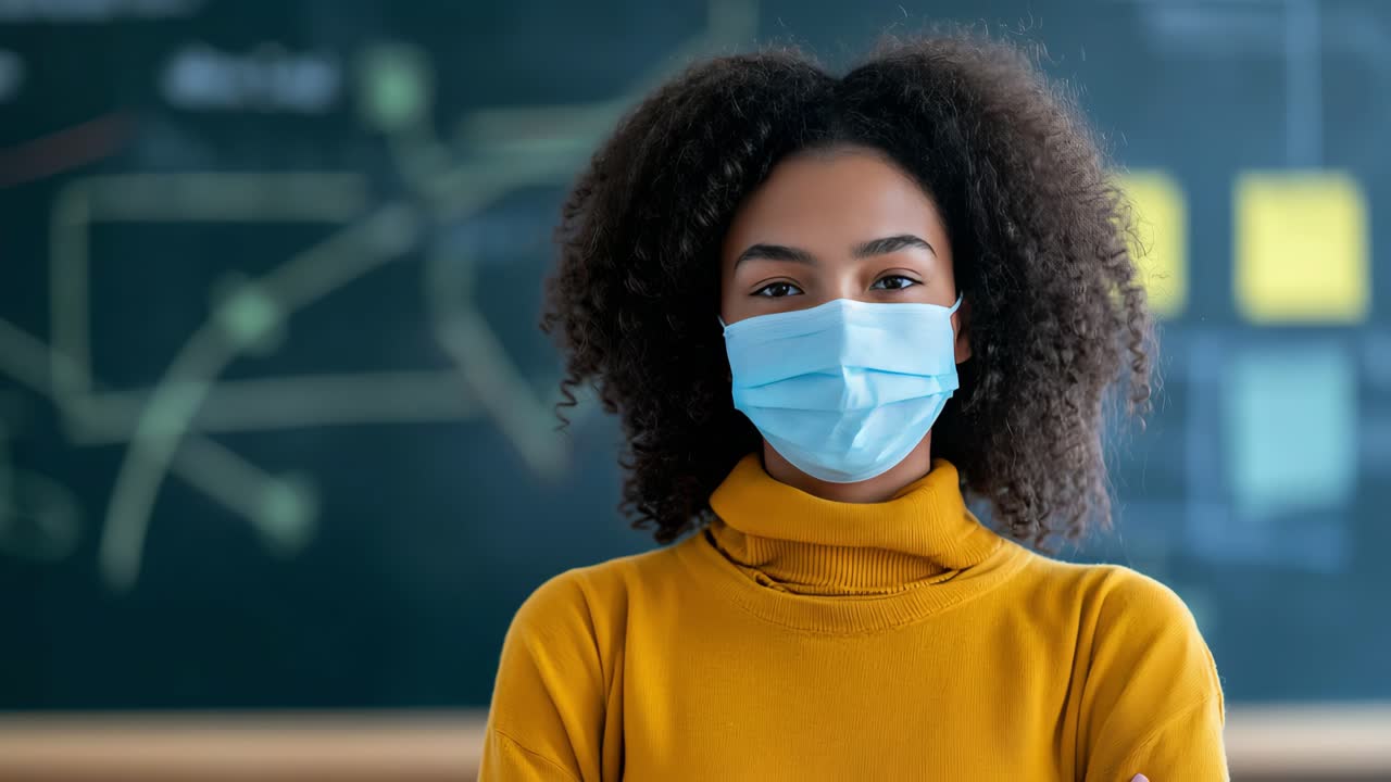 Young female teacher is wearing protective face mask while standing with closed eyes in front of blackboard in classroom, taking deep breath and relaxing during break between lessons