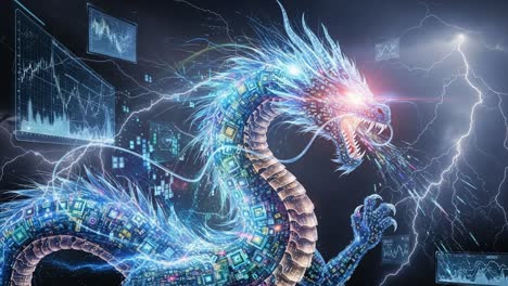 a futuristic cyber dragon erupts in a storm of lightning, merging technology and mythology while videos monitor market trends in the background