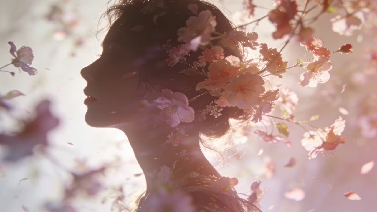 Una donna in piedi, con fiori tra i capelli in un giardino, mentre una brezza inizia a soffiare, il sole sorge e i petali fluttuano.