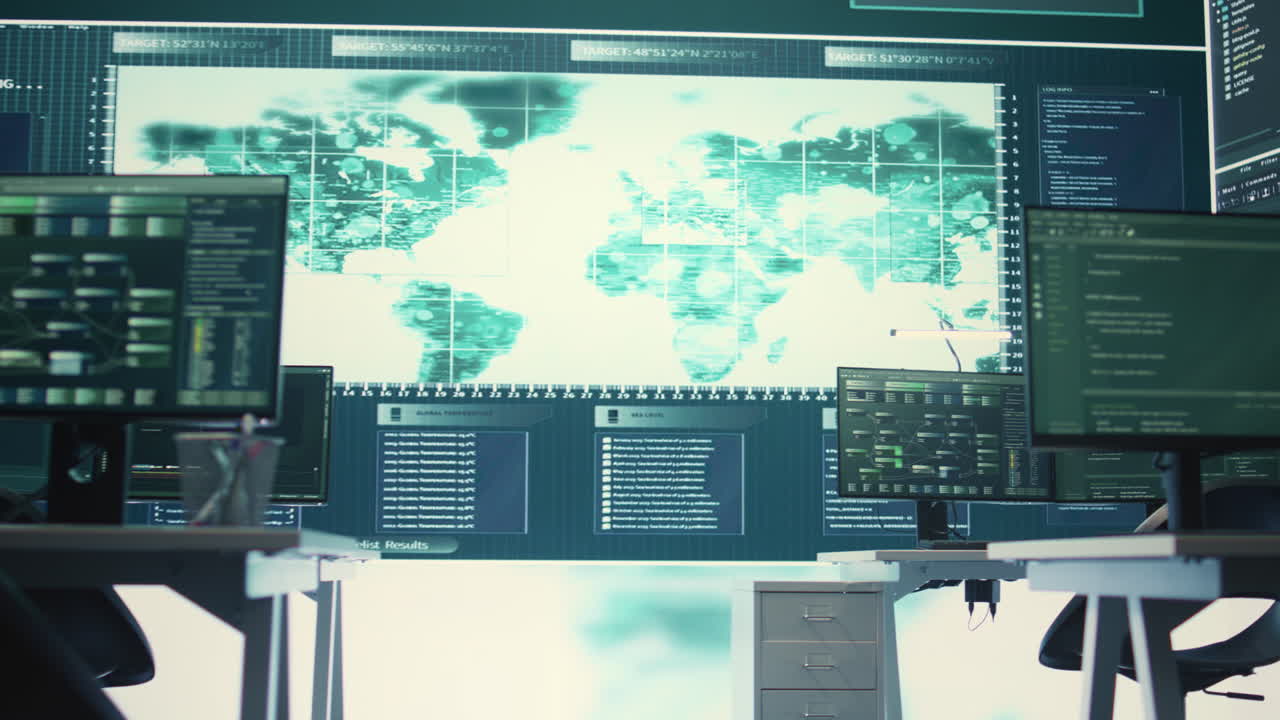 첨단 기술 장비를 갖춘 사이버 보안 감시실