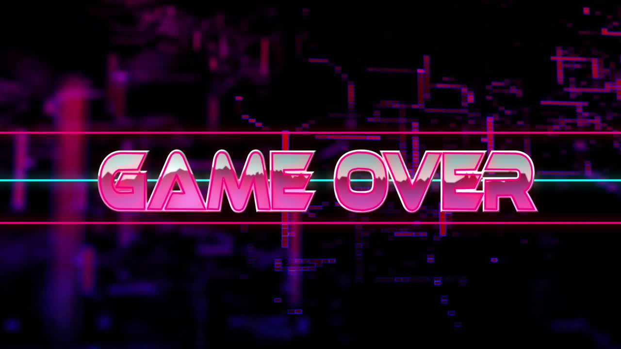 Animation of Game Over text glowing on dark digital circuit background