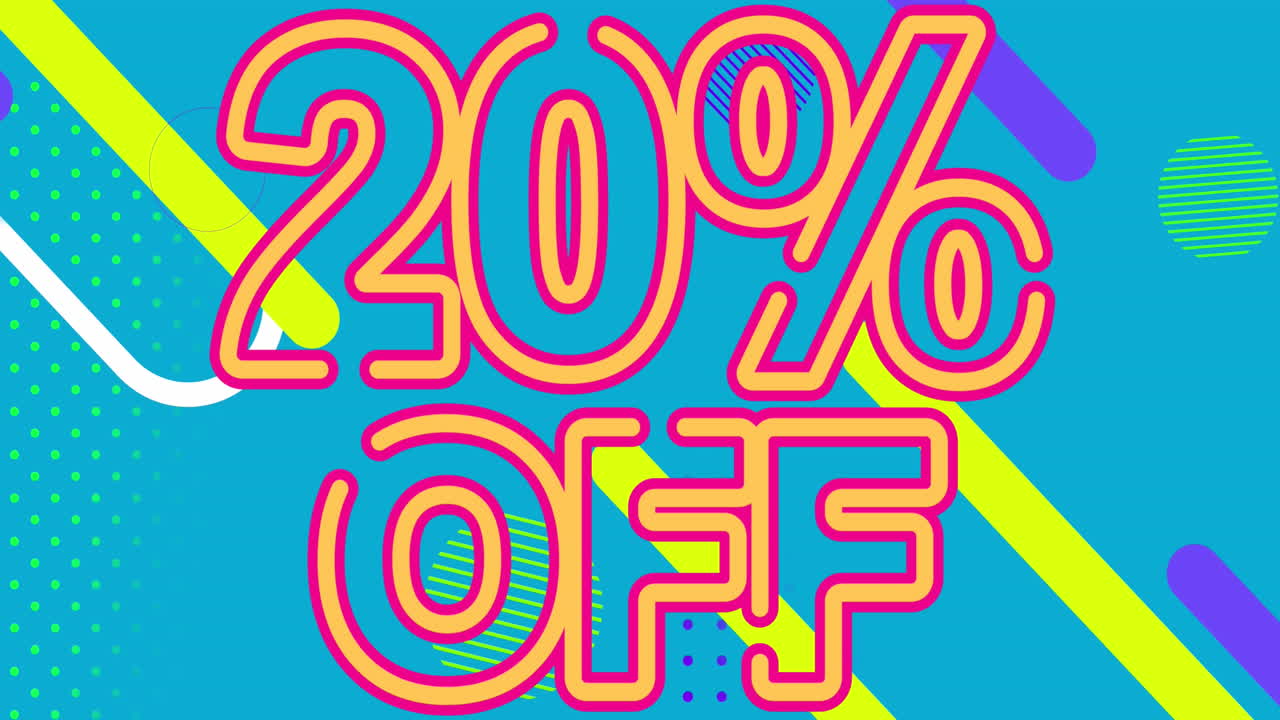 animación de 20 por ciento de texto sobre una burbuja de habla contra formas abstractas en fondo azul