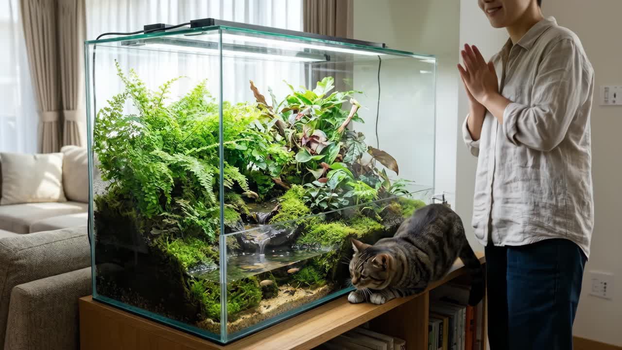 Donna e Gatto che si prendono cura di un rigoglioso Terrario Aquascape da interno