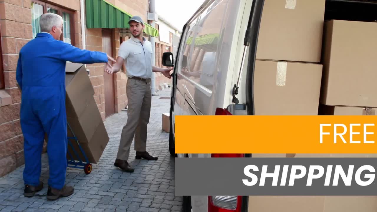 animación de las palabras envío gratuito sobre el hombre con un tranvía, el conductor entrando en una furgoneta